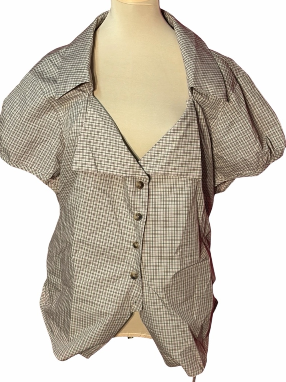 Cider Beige Check Puff Sleeve Button Front Blouse 3X Cottagecore